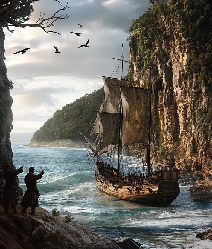 1642 Tasman observes Tasmania coast, forest, sea birds, crew mapping.