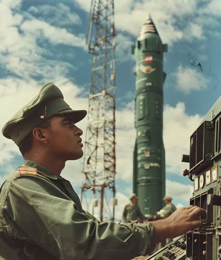 Soviet soldier at a missile launch site in Cuba, adjusting controls on a large metal panel