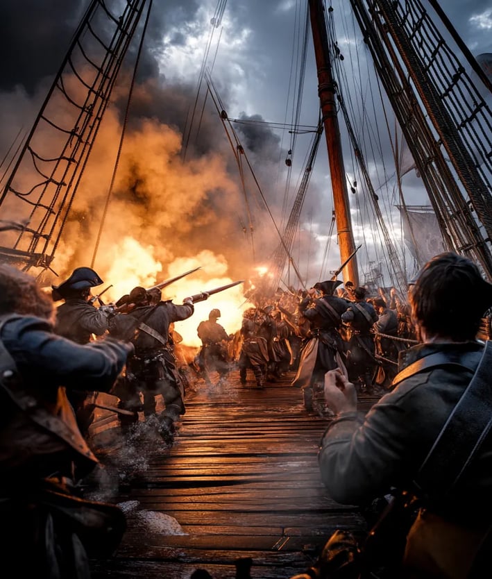 deck of the pirate ship engulfed in smoke and shouting, Captain Barnet’s marines boarding