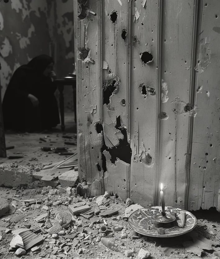 wooden door hanging off its hinges, bullet holes riddling its surface