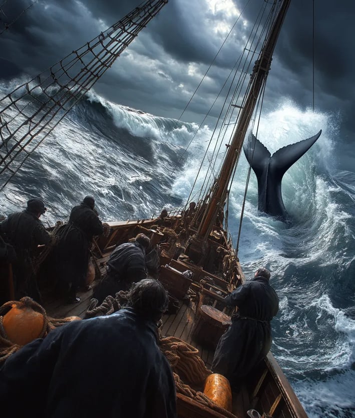 Dramatic scene under stormy skies, the ship Essex listing sharply as it encounters rough seas