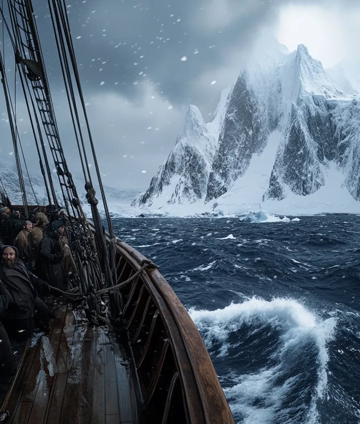 Dramatic view of Antarctica’s jagged coast seen from the deck of a wooden schooner