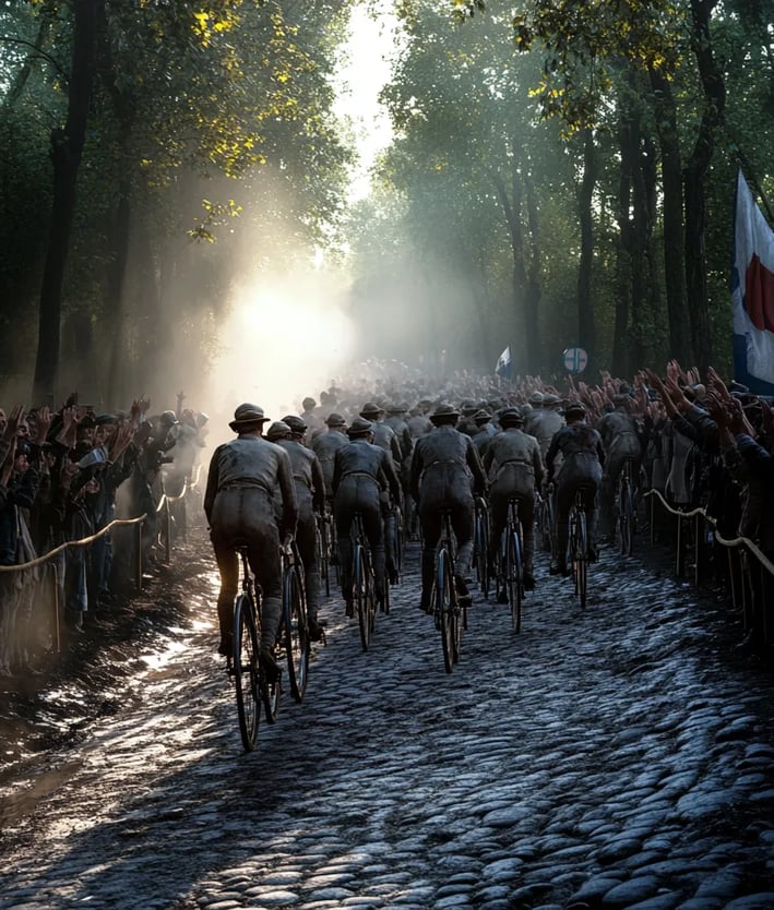 Early dawn at a cobblestone road outside Paris, dozens of cyclists in wool jerseys and caps