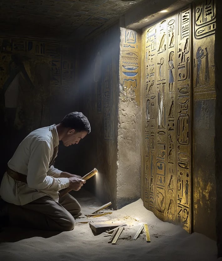 Carter kneels by a limestone door embossed with gleaming golden hieroglyphs
