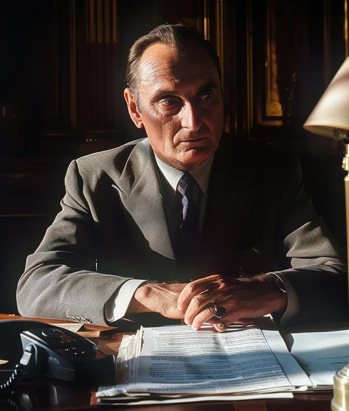Enrico Mattei sitting behind a grand wooden desk, reviewing documents on oil contracts