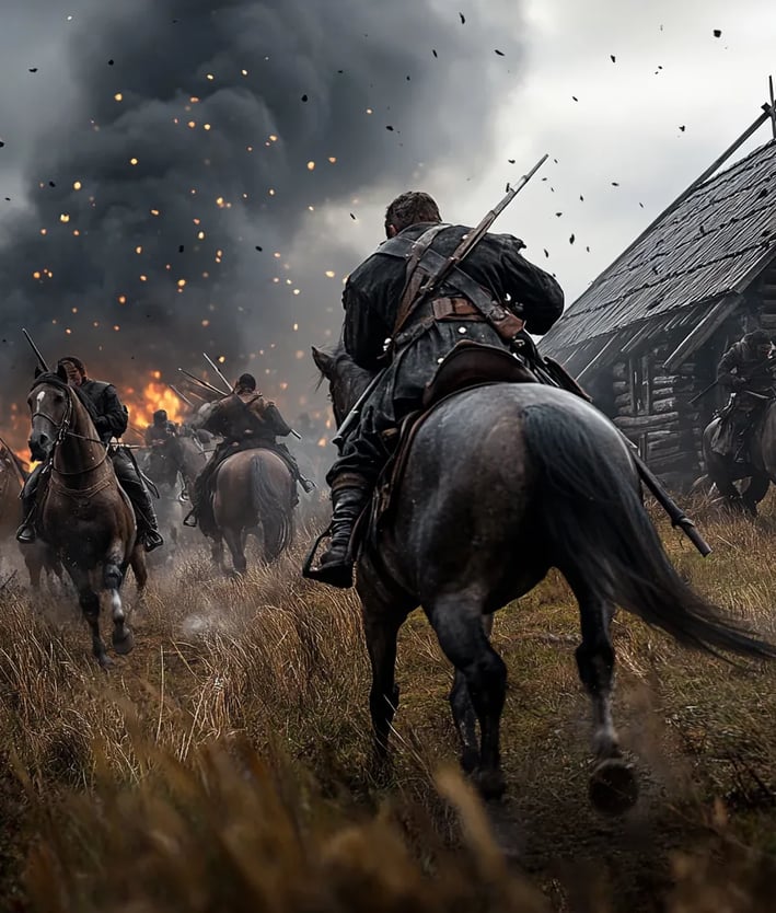Explosive encounter on the edge of Fowltown, warriors and soldiers engaged in chaotic movement
