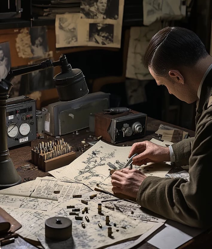 FBI examiner studies ballistic evidence, bullet diagrams, precision tools.