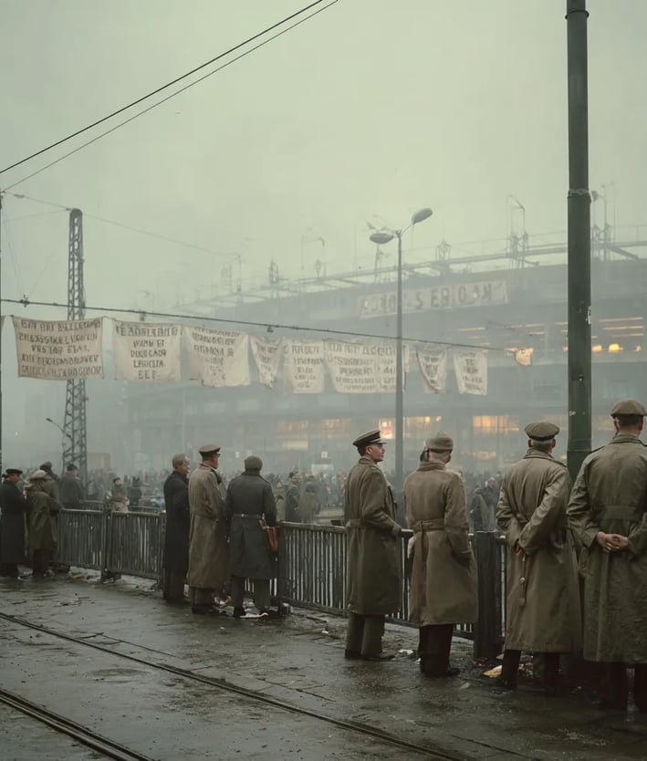  outside Stadion Feijenoord in Rotterdam, 1938, uniformed police in wool tunics and Dutch-style helm