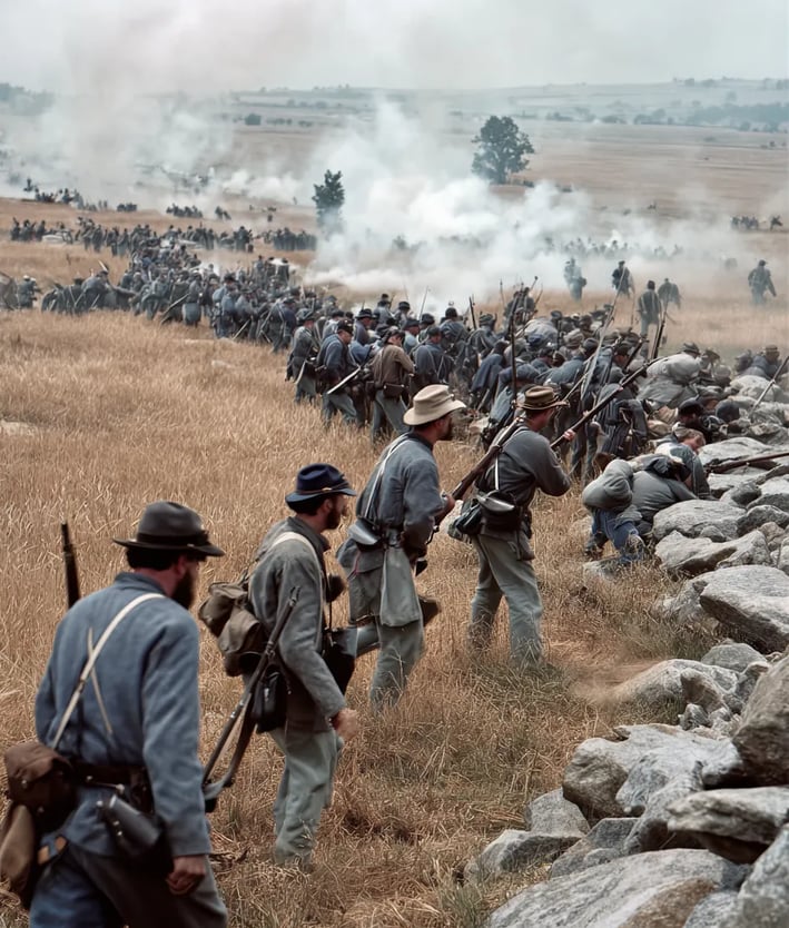 the wheatfield near Devil’s Den: Confederate infantry in butternut coats charge uphill under fire