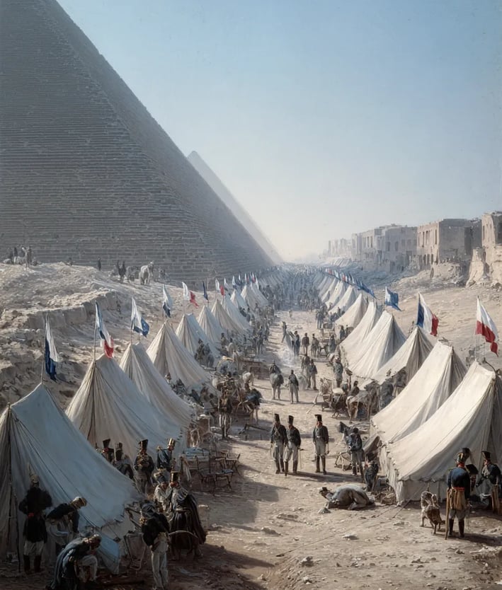 Giza: rows of white-tented encampments with French tricolor flags, officers in gold-trimmed tunics s