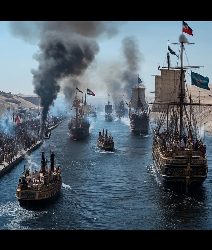 grand procession of ships led by the French imperial yacht, gliding slowly through the canal