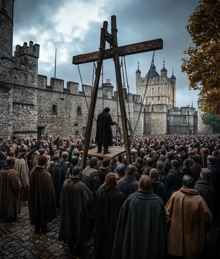 Perkin Warbeck execution on Tower Hill, end of Yorkist rebellion in Tudor England.