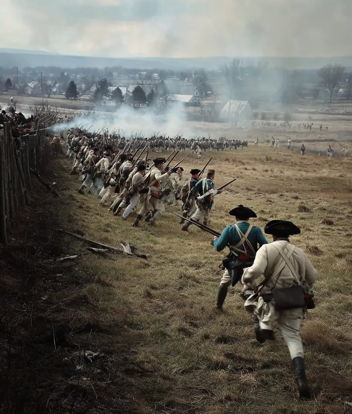 French regulars in white kurtas, blue waistcoats, and plumed tricorns storm the fort’s ramparts