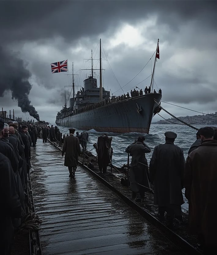harbor scene with naval ship at anchor, gangplank extended toward dock, Sultan walking calmly across