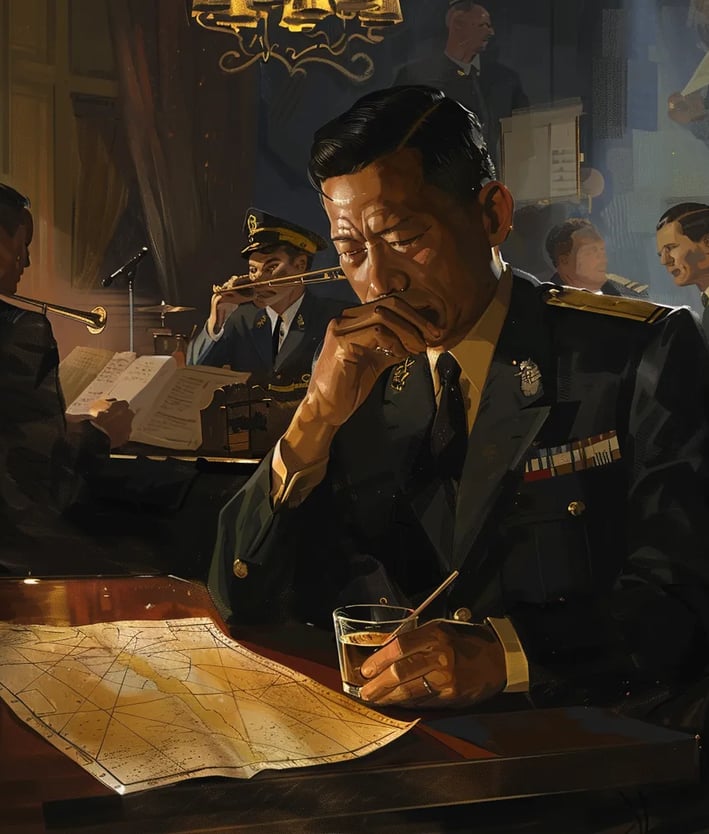 Japanese officer seated in a dimly lit lounge, sipping a glass of whiskey 