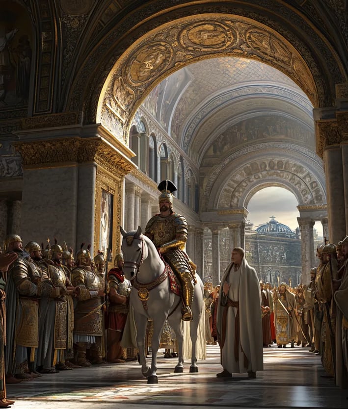 Theodosius I enters Constantinople, imperial guards, Roman crowds, triumphal arch