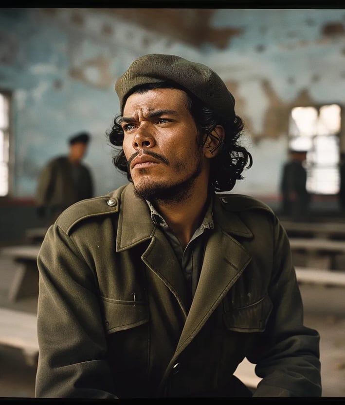 Che Guevara sitting on a wooden bench inside the schoolhouse, his hands bound