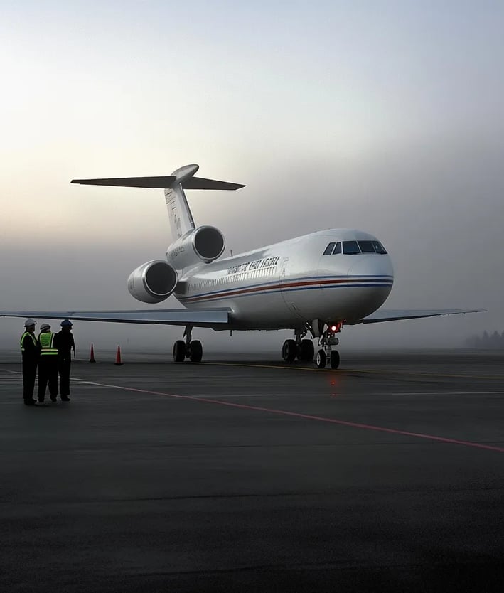 Boeing 727 taxis onto the runway beneath a smoky sky