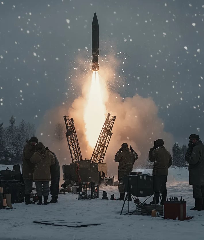 Soviet rocket launches with smoke and flames outside Moscow, 1933.