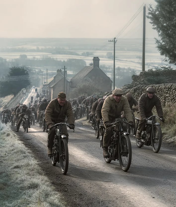 pack of racers leans into a bend on gravel roads, pistons thudding and smoke wavering behind