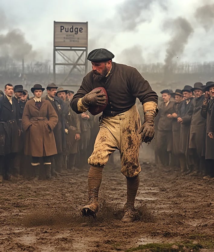 mid-action tackle on a muddy 1892 football field, Heffelfinger charging forward