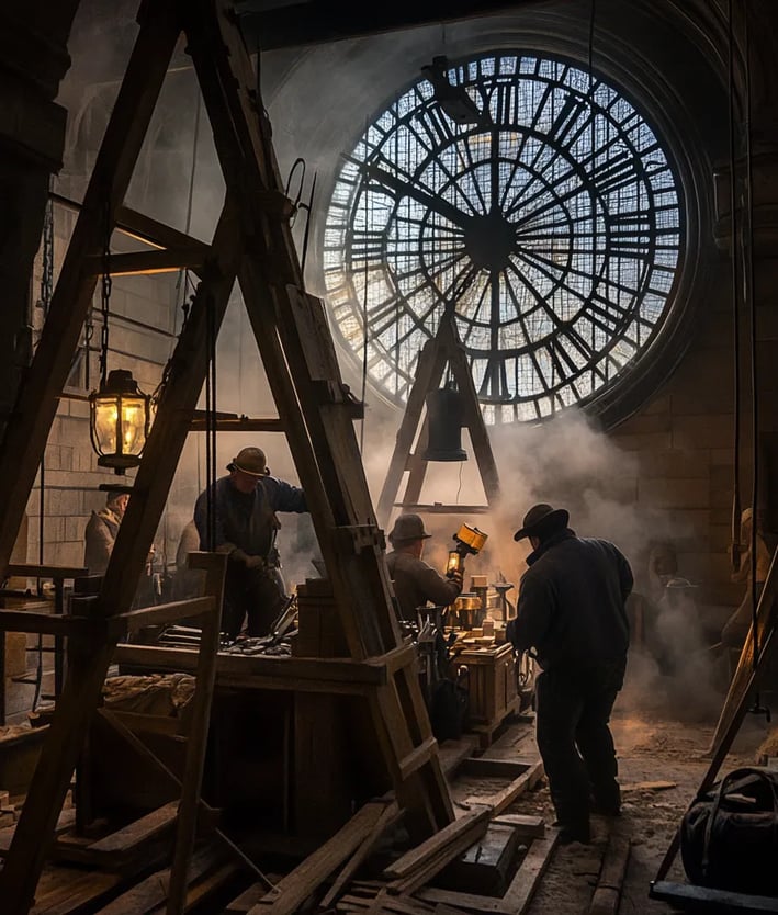 inside Westminster clock tower under construction, dusty beams and unfinished stonework