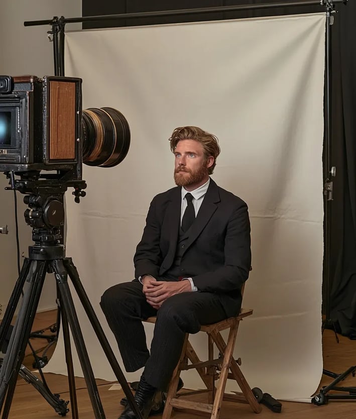 rior of a small photo studio, large brass and wood camera mounted on tripod