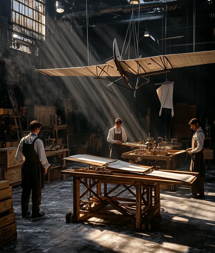 Wright Company factory in 1909 building early airplanes, aviation industry begins.