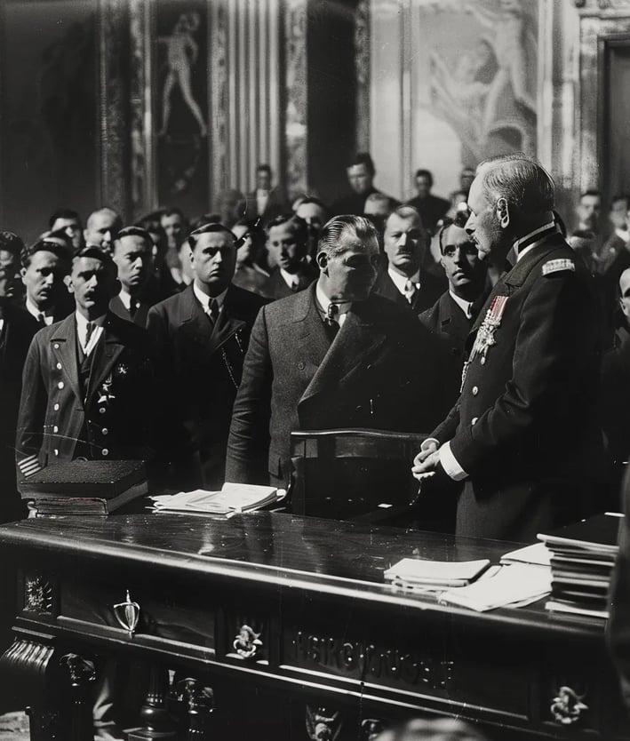 King Victor Emmanuel III standing at a grand wooden desk