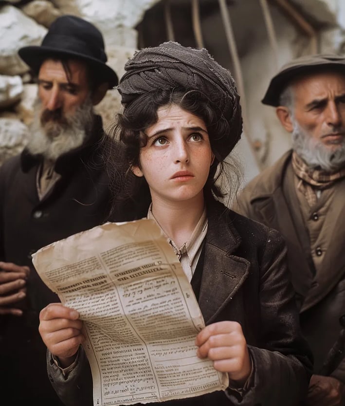ewish settlers reading the Balfour Declaration in a small stone-walled settlement
