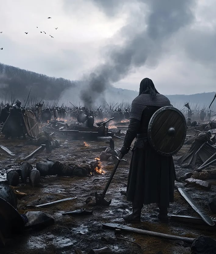 Vlad stands atop a shattered shield, his gauntleted fist clenched around a heavy mace