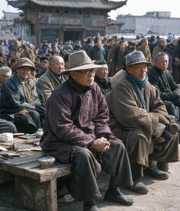 Kaifeng’s bustling market square, 1200, a magistrate wearing smoke-tinted quartz glasses