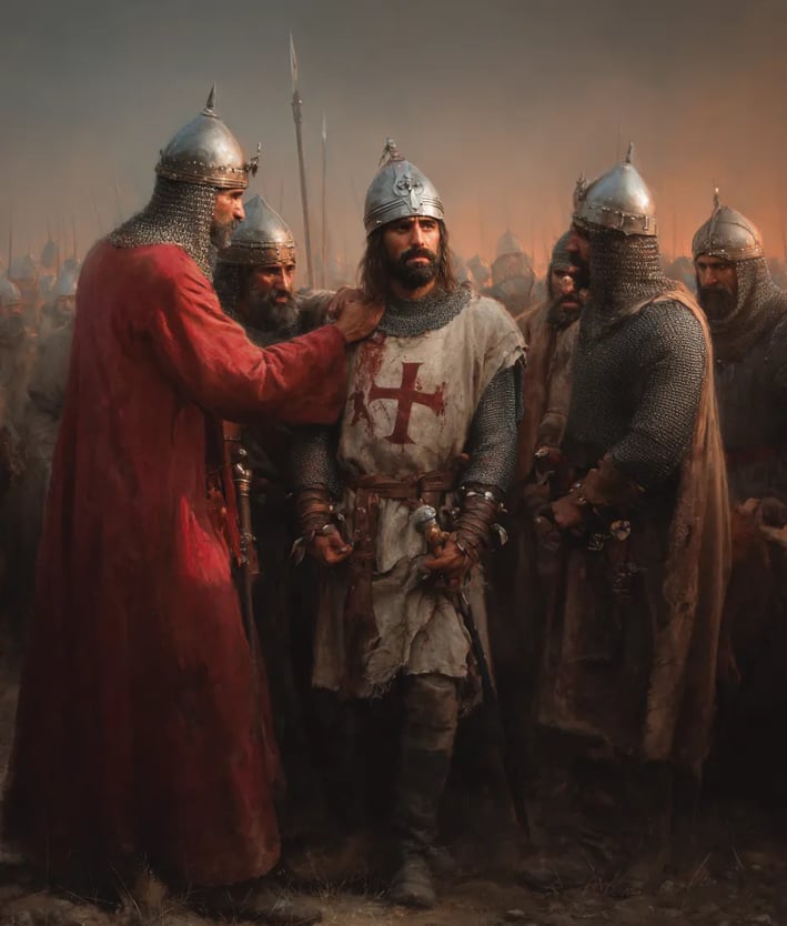King Louis IX in a dented great helm, hands bound by silk cords, stands amid triumphant Mamluk soldi