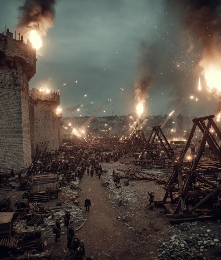 smoking catapults hurling flaming stone into battlements