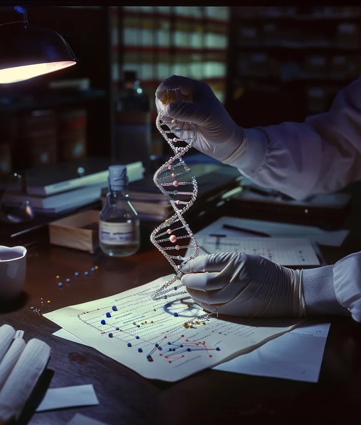 scientist’s gloved hands carefully assembling a 3D wire model of the DNA double helix