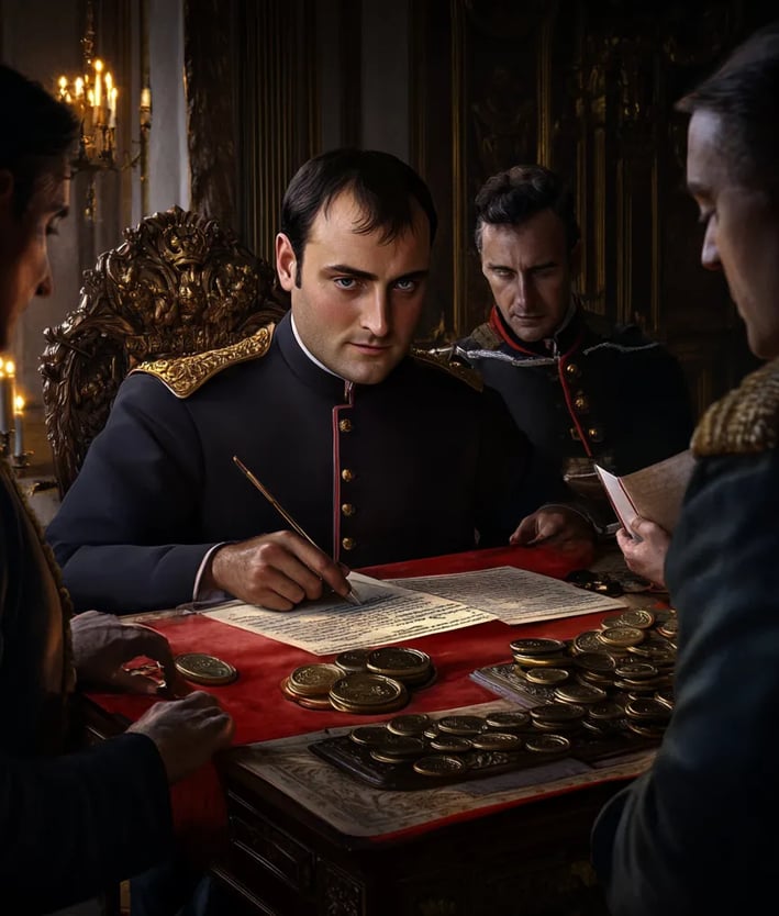 Lavishly decorated imperial office, Napoleon seated at an ornate desk with gold inlays