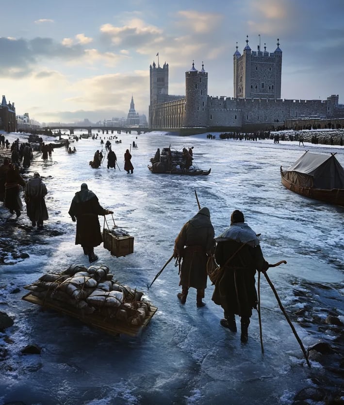 1434 frozen River Thames, people walking, skating, boats trapped in ice.