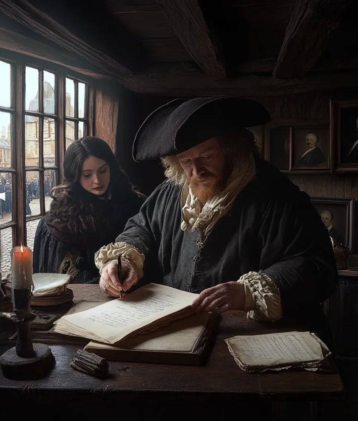 Henry Robinson is seen diligently writing at a large desk, surrounded by portraits of potential marr