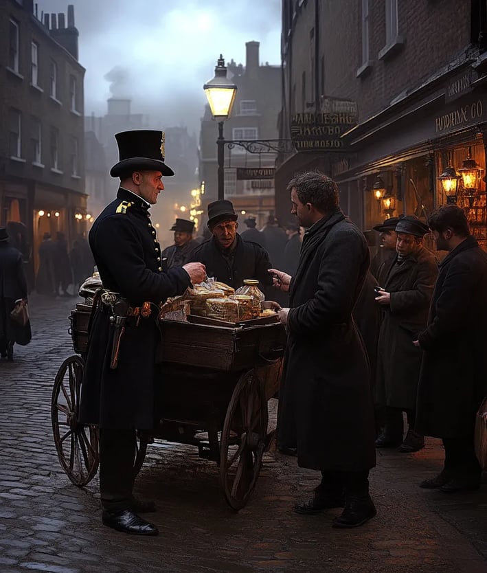 a London policeman in 1829 stopping to speak with a street vendor