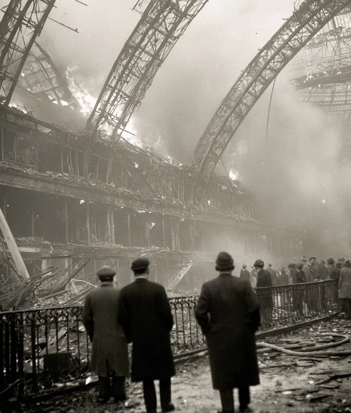 Crystal Palace interior ablaze: towering iron rafters bend in orange-red flames, shattered glass pan