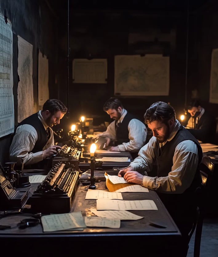London telegraph office, 1851, gas-lit room lined with mahogany desks and brass instruments,