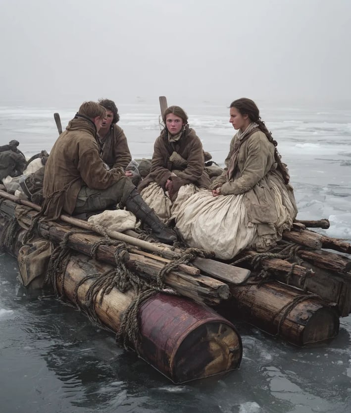 raft of broken planks and empty barrels: tattered survivors in faded naval uniforms and threadbare s