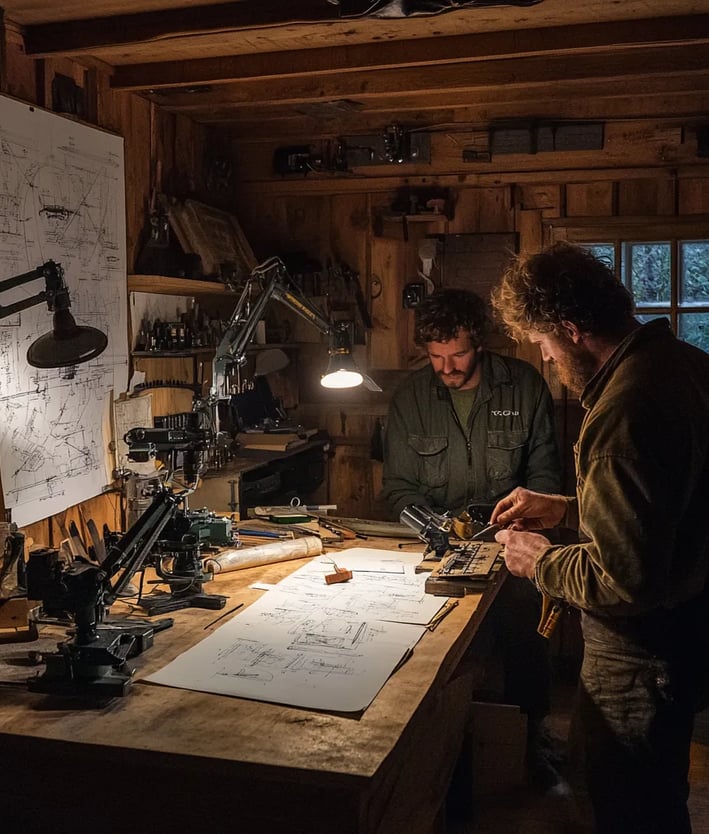 makeshift workshop in rural Normandy, wooden walls lined with sketches and blueprints
