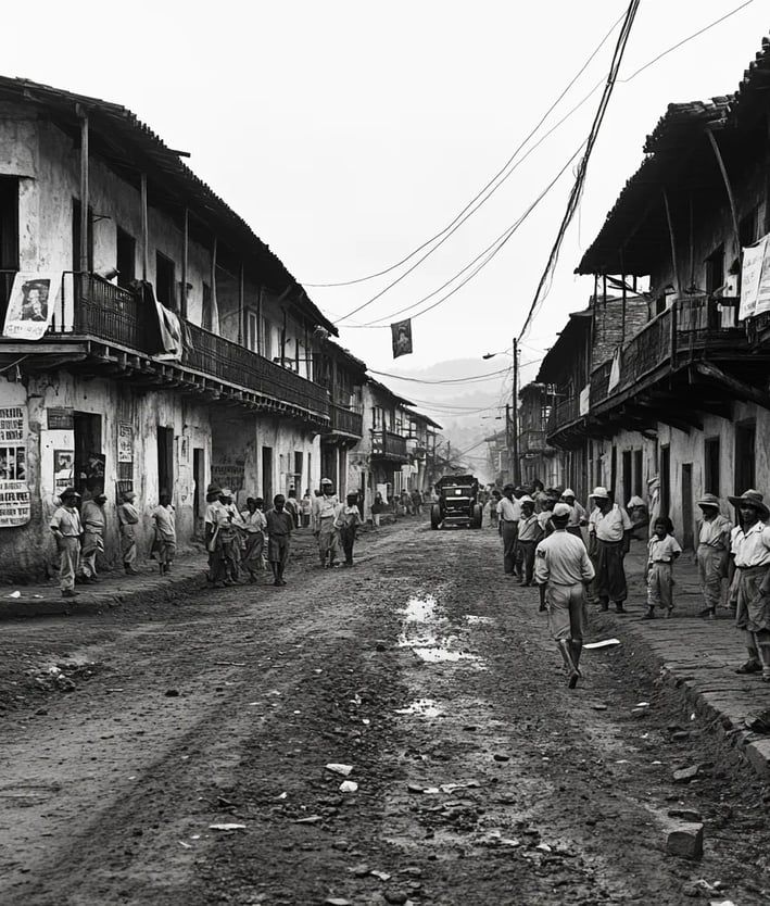 Urban street scene in Managua, dusty roads lined with Spanish-style buildings