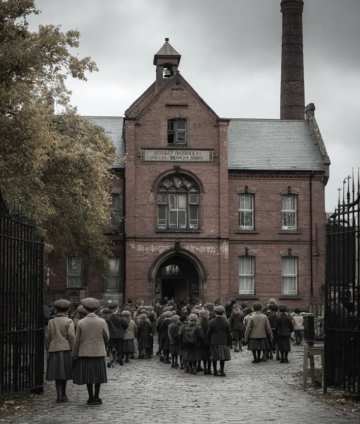 Outside a newly built red-brick elementary school in Manchester, October 1870