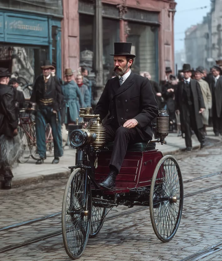 narrow city streets: the Motorwagen surges forward, its single cylinder chuffing steam