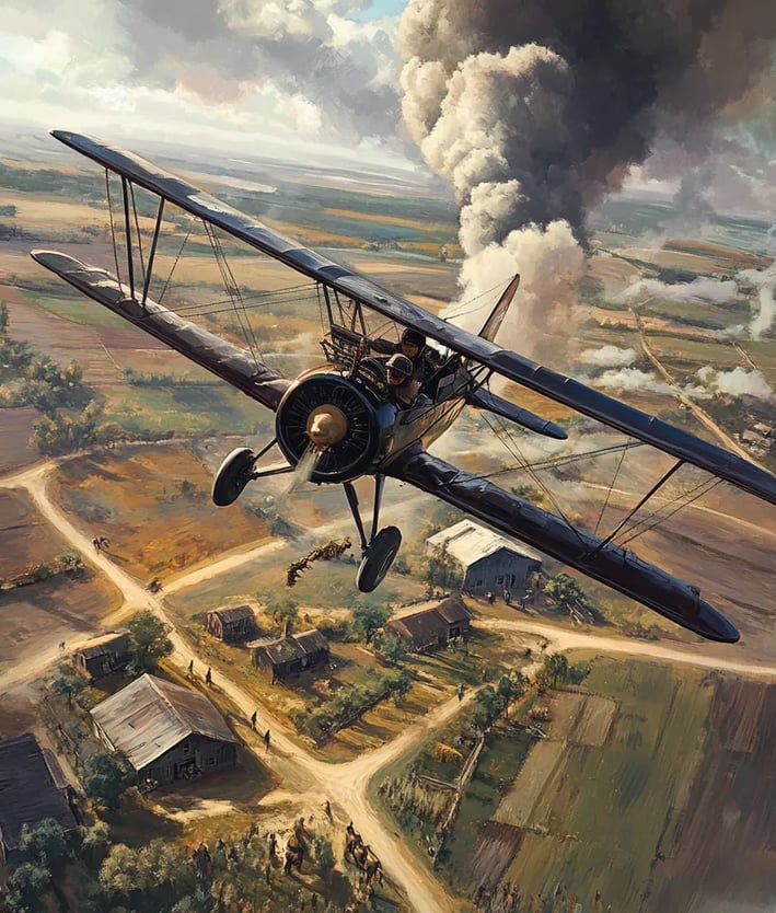 Mid-flight over Williamson County, small 1920s biplane banking over a farmhouse