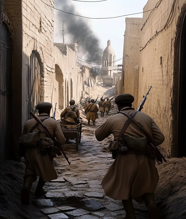 Street battle in Basra during WWI, Indian forces engage Ottoman troops in fierce combat.