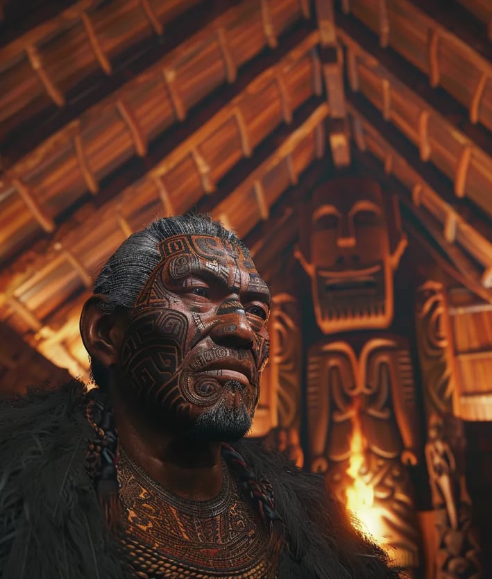 f Māori leader Te Whiti o Rongomai standing tall inside the wooden whare