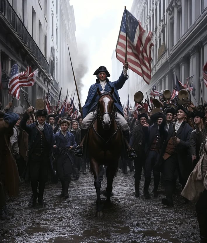 George Washington enters Manhattan with cheering crowds in 1783.